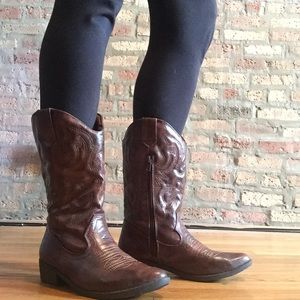 Chocolate brown, calf length cowboy boots